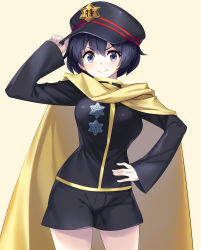 Rule 34 | &gt;:), 1girl, adjusting clothes, adjusting headwear, arm up, beige background, black hair, black hat, black shirt, black shorts, blush, breasts, cabbie hat, cape, commentary request, cowboy shot, grey eyes, hair between eyes, hand on own hip, hat, highres, long sleeves, looking at viewer, medium breasts, miyako yoshika, shirt, short hair, short shorts, shorts, simple background, smile, solo, standing, tarmo, touhou, v-shaped eyebrows, yellow cape