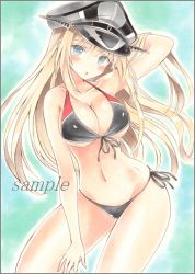 Rule 34 | 10s, 1girl, :o, alternate costume, arm behind head, armpits, bad id, bad pixiv id, bikini, bismarck (kancolle), blonde hair, blue background, blue eyes, blush, border, breasts, cleavage, colored pencil (medium), contrapposto, front-tie top, gradient background, hand in own hair, hat, kantai collection, large breasts, legs, long hair, looking at viewer, marker (medium), military hat, navel, potto, potto (minntochan), sample watermark, side-tie bikini bottom, solo, standing, swimsuit, thighs, traditional media, underboob, watermark