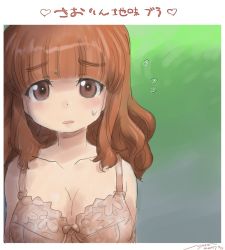 Rule 34 | 10s, 1girl, artist name, bad id, bad twitter id, blunt bangs, bow, bow bra, bra, breasts, cleavage, collarbone, commentary request, dated, flying sweatdrops, girls und panzer, heart, light frown, long hair, looking at viewer, medium breasts, nyororiso (muyaa), orange eyes, orange hair, parted lips, pink bra, signature, sketch, solo, sweatdrop, takebe saori, translation request, underwear, underwear only, upper body