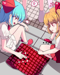 Rule 34 | 3girls, anger vein, angry, ascot, blonde hair, blue hair, collared dress, commentary, cross, cross print, dress, english commentary, fang, fingernails, flandre scarlet, hair between eyes, hair ribbon, heart, heart print, highres, kazami yuuka, long fingernails, looking down, looking to the side, multiple girls, nail polish, no headwear, no shoes, one side up, open mouth, pink ascot, pink eyes, pink footwear, pink nails, plaid, plaid skirt, playing games, puffy short sleeves, puffy sleeves, purple legwear, red dress, red eyes, red footwear, red ribbon, red skirt, remilia scarlet, ribbon, shadow, shirt, shoes, short hair, short sleeves, sitting, skirt, smile, socks, sseopik, stairs, standing, tongue, touhou, umbrella, white dress, white legwear, white shirt
