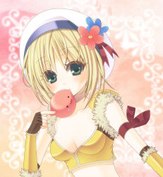 Rule 34 | 1girl, :3, armband, blonde hair, blue flower, blush, breasts, brown gloves, brown shirt, cleavage, commentary request, crop top, fingerless gloves, flower, fur-trimmed gloves, fur-trimmed shirt, fur trim, gloves, green eyes, hair between eyes, highres, looking at viewer, medium breasts, mouth hold, nia (littlestars), pink flower, poring, ragnarok online, shirt, short hair, sleeveless, sleeveless shirt, slime (creature), smile, sniper (ragnarok online), two-tone gloves, two-tone shirt, upper body, white headwear, yellow gloves, yellow shirt