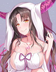 Rule 34 | 10s, 1girl, bare shoulders, black hair, blush, breast hold, breasts, cleavage, closed mouth, covered erect nipples, detached sleeves, facial mark, fate/extra, fate/extra ccc, fate (series), forehead mark, highres, horns, large breasts, long hair, long sleeves, looking at viewer, pink ribbon, ribbon, sessyoin kiara, sideboob, smile, solo, strap pull, tattoo, upper body, veil, very long hair, yellow eyes, yuunagi (0217)