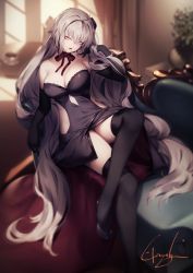 Rule 34 | 1girl, absurdly long hair, black gloves, black thighhighs, blurry, blurry background, breasts, cleavage, couch, crossed legs, dress, elbow gloves, elbow rest, fate/apocrypha, fate/grand order, fate (series), genyaky, gloves, hair between eyes, hand in own hair, head tilt, highres, indoors, jeanne d&#039;arc (fate), jeanne d&#039;arc alter (avenger) (fate), jeanne d&#039;arc alter (avenger) (third ascension) (fate), jeanne d&#039;arc alter (fate), large breasts, long hair, looking at viewer, neck ribbon, official alternate costume, open mouth, plant, potted plant, purple dress, reclining, red ribbon, ribbon, sidelocks, signature, silver hair, solo, strapless, strapless dress, thighhighs, tsurime, very long hair, yellow eyes