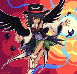 Rule 34 | 1other, androgynous, azrielfiend, black hair, black headwear, black nails, black wings, closed mouth, collared shirt, commentary, detached sleeves, english commentary, enraku tsubakura, eyes visible through hair, feathered wings, green skirt, hat, hat ribbon, highres, len&#039;en, long sleeves, medium hair, neck ribbon, no sclera, other focus, purple eyes, red ribbon, ribbon, sandals, shirt, skirt, sleeveless, sleeveless shirt, socks, solo, white shirt, white sleeves, white socks, wings