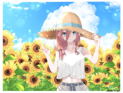 1girl alternate_costume bare_arms blue_eyes brown_hair closed_mouth collarbone dated day field flower flower_field go-toubun_no_hanayome hair_between_eyes hair_over_shoulder hands_up hat highres jewelry jun_(30409972) lens_flare long_hair long_hair_between_eyes looking_at_viewer low-tied_long_hair nakano_miku outdoors ring shirt sky solo sun_hat sunflower sunflower_field t-shirt upper_body waving white_shirt