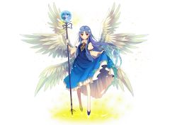 Rule 34 | 1girl, angel, angel wings, blue dress, blue footwear, blue hair, blush, breasts, brooch, cross, dress, eyebrows, feathered wings, feathers, full body, highres, jewelry, jiji (381134808), legs apart, light particles, long hair, looking at viewer, multiple wings, neck ribbon, orb, red eyes, red ribbon, ribbon, sariel (touhou), seraph, shoes, simple background, skirt hold, small breasts, smile, solo, staff, standing, touhou, touhou (pc-98), very long hair, white background, white wings, wide sleeves, wings