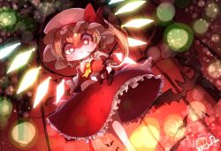 Rule 34 | 1girl, ascot, bat (animal), blonde hair, bright pupils, collared shirt, commentary request, feet out of frame, flandre scarlet, frilled skirt, frilled sleeves, frills, glowing, glowing wings, hat, hat ribbon, holding, holding stuffed toy, indoors, mob cap, parted lips, puffy short sleeves, puffy sleeves, red eyes, red ribbon, red skirt, red vest, ribbon, shirt, short sleeves, side ponytail, skirt, solo, stuffed animal, stuffed toy, teddy bear, touhou, vest, white hat, white pupils, white shirt, wings, yellow ascot, yukkyon kyon