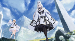 Rule 34 | 2girls, ankle boots, azur lane, bare legs, black gloves, black legwear, blonde hair, blue sky, boots, breasts, cloud, cloudy sky, coat, commentary, cross-laced footwear, day, dress, english commentary, gloves, grass, gremyashchy (azur lane), highres, knee boots, lace-up boots, large breasts, legs, long hair, long sleeves, mountain, multiple girls, open clothes, open coat, outdoors, revision, scenery, sky, sleeves past wrists, sovetsky soyuz (azur lane), strap, white coat, white dress, white footwear, white hair, white headwear, yu (want rou nai zi)