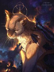 Rule 34 | animal ear fluff, animal ears, animal focus, artist name, cat, cat ears, clockbirds, commentary, commission, english commentary, galaxy, highres, no humans, original, photoshop (medium), sitting, solo, space, star (sky), watermark, whiskers, yellow eyes