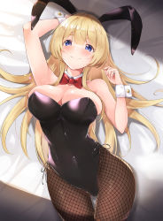 Rule 34 | 1girl, animal ears, bed sheet, blonde hair, blue eyes, blush, bow, bowtie, breasts, brown pantyhose, cleavage, commentary request, detached collar, fake animal ears, fishnet pantyhose, fishnets, highres, large breasts, leotard, long hair, lying, on back, original, pantyhose, playboy bunny, rabbit ears, red neckwear, shionootsu, smile, wrist cuffs