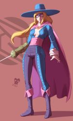 Rule 34 | 1girl, adapted costume, arm blade, blonde hair, blue hat, blue shirt, boots, breasts, brown eyes, cape, commentary, domino mask, english commentary, frilled sleeves, frills, full body, hair down, hat, highres, joakim sandberg, knee boots, looking at viewer, low ponytail, mask, medium breasts, metroid, mole, mole under mouth, multicolored pants, nintendo, no bra, o-ring, pants, pink cape, plunging neckline, pun, rapier, samus aran, sash, shirt, solo, standing, sword, tight clothes, tight pants, weapon, zero suit, zorro