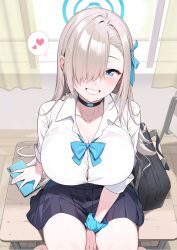 Rule 34 | 1girl, asuna (blue archive), azuki yui, bag, blue archive, blue eyes, breasts, cellphone, choker, classroom, desk, hair over one eye, halo, heart, highres, indoors, large breasts, long hair, looking at viewer, on desk, phone, school bag, school uniform, shirt, sitting, on desk, skirt, smile, solo, white shirt