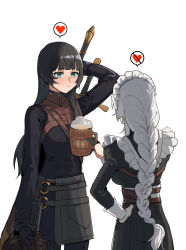 Rule 34 | 2girls, absurdres, apron, arm up, beer mug, black dress, black gloves, black hair, black shirt, blush, braid, chest harness, closed mouth, commentary, cup, dress, gloves, green eyes, grey hair, half gloves, hand on own head, hand on own hip, harness, heart, highres, holding, holding cup, juliet sleeves, long hair, long sleeves, maid, maid apron, maid headdress, mug, multiple girls, original, puffy sleeves, shirt, simple background, single braid, spoken heart, sword, tuxiaoning not, weapon, weapon on back, white apron, white background, white headdress, yuri