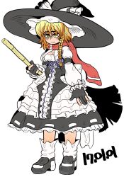 Rule 34 | 1girl, bags under eyes, black dress, black footwear, black gloves, black headwear, blonde hair, bow, braid, breasts, broom, center frills, cleavage, cleavage cutout, closed mouth, clothing cutout, commentary request, cookie (touhou), dated, dress, expressionless, frilled dress, frilled hat, frilled sleeves, frills, full body, gloves, hair between eyes, hair bow, hat, hat bow, highres, holding, holding broom, kirisame marisa, long bangs, long hair, looking afar, mars (cookie), mary janes, medium breasts, messy hair, partially fingerless gloves, purple bow, purple ribbon, red scarf, ribbon, scarf, shoes, side braid, simple background, single braid, socks, solo, standing, tetugakuzonbi, touhou, two-tone dress, white background, white bow, white dress, white socks, witch hat, yellow eyes