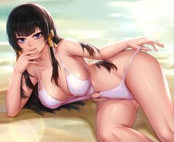 Rule 34 | 1girl, bare shoulders, beach, black hair, breasts, cleavage, collarbone, dead or alive, dead or alive 5, hair ornament, highres, hua-j, large breasts, long hair, looking at viewer, lying, mole, mole under mouth, nyotengu, o-ring, on side, one-piece swimsuit, purple eyes, sidelocks, smile, solo, swimsuit, thighs, white one-piece swimsuit