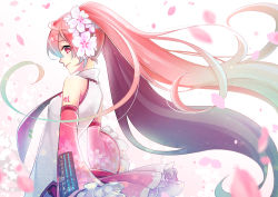 Rule 34 | 1girl, cherry blossoms, detached sleeves, floating hair, flower, from side, hair flower, hair ornament, hatsune miku, long hair, looking at viewer, mamo (fortune-mm), necktie, number tattoo, petals, pink eyes, pink hair, sakura miku, solo, tattoo, twintails, very long hair, vocaloid