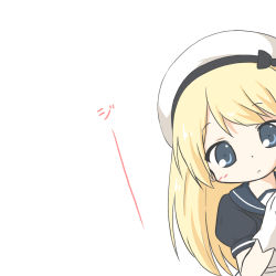 Rule 34 | 1girl, beret, black bow, blonde hair, blue eyes, blue sailor collar, blue shirt, blush, bow, closed mouth, gloves, hat, jervis (kancolle), kantai collection, long hair, peeking out, puffy short sleeves, puffy sleeves, ri-net, sailor collar, school uniform, serafuku, shirt, short sleeves, simple background, solo, white background, white gloves, white hat