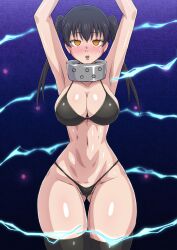 Rule 34 | 1girl, absurdres, areola slip, arms up, bikini, black bikini, black hair, blush, breasts, cameltoe, collar, curvy, electricity, embarrassed, empty eyes, en&#039;en no shouboutai, forced, hair between eyes, highleg, highleg bikini, highres, large breasts, looking at viewer, mind control, narrow waist, navel, no0o0n0o0on, partially visible vulva, restrained, shiny skin, solo, sweat, swimsuit, tamaki kotatsu, thighs, thong, thong bikini, twintails, wide hips, yellow eyes