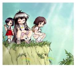 Rule 34 | 3girls, artist request, backpack, bag, black hair, blush, brown hair, character request, cliff, closed eyes, clothes writing, cloud, grass, hair over one eye, holding, light rays, long hair, lowres, multiple girls, mushroom, open mouth, panties, panties around leg, panty pull, peeing, pink footwear, pink skirt, plant, pussy, rainbow, shirt, shoes, short hair, short sleeves, skirt, sky, sneakers, socks, squatting, standing, sunbeam, sunlight, uncensored, underwear, white panties, white shirt, white socks