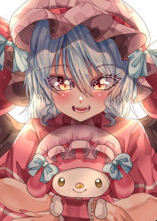 Rule 34 | 1girl, absurdres, backlighting, bat wings, blue hair, commentary request, hair between eyes, hat, hat ribbon, highres, looking at viewer, lower teeth only, mahoro (minase mahoro), medium hair, mob cap, my melody, onegai my melody, open mouth, orange eyes, red ribbon, remilia scarlet, ribbon, ribbon-trimmed headwear, ribbon trim, sanrio, short sleeves, teeth, touhou, upper body, upper teeth only, white headwear, wings, wrist cuffs