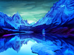 Rule 34 | 1girl, absurdres, blue footwear, blue hair, blue theme, bow, cirno, cloud, cloudy sky, from behind, frozen lake, hair bow, hands on own hips, highres, ice, ice wings, looking afar, morning, mountain, reflection, scenery, shoes, short hair, sky, solo, standing, sunrise, suns (nemure), tennuru, touhou, white legwear, wings