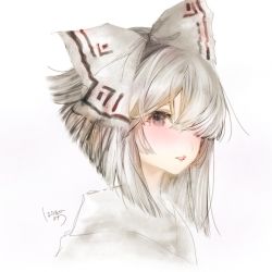 Rule 34 | 1girl, alternate hair length, alternate hairstyle, bad id, bad twitter id, black eyes, blunt bangs, bow, commentary request, fujiwara no mokou, gin fragrans, hair bow, hair over one eye, lips, medium hair, parted lips, portrait, solo, touhou, white background, white bow, white hair