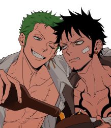 Rule 34 | 2boys, alcohol, annoyed, arm around shoulder, bandaid, bandaid on face, beard, beer, black hair, earrings, facial hair, goatee, green eyes, green hair, grin, hgacd8, highres, holding, jewelry, long sideburns, looking at another, male focus, multiple boys, one piece, open mouth, orange eyes, pectorals, pouring, roronoa zoro, scar, scar across eye, shirt, short hair, sideburns, smile, sweatdrop, tattoo, trafalgar law, yaoi