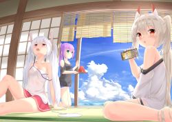 Rule 34 | 3girls, alternate costume, animal ears, ayanami (azur lane), ayanami (niconico) (azur lane), azur lane, blue sky, breasts, carrying, casual, cellphone, cleavage, cloud, cloudy sky, collarbone, commentary request, contemporary, dual persona, eyes visible through hair, fake animal ears, fisheye, food, from side, fruit, game screenshot, green eyes, hair ornament, hairpin, hand fan, headgear, highres, holding, horizon, javelin (azur lane), kayari buta, kneeling, laffey (azur lane), long hair, looking at viewer, looking to the side, looking up, multiple girls, ocean, orange eyes, oversized clothes, oversized shirt, paper fan, parted lips, phone, pleated skirt, ponytail, purple hair, rabbit ears, red eyes, red skirt, resolution mismatch, screenshot inset, shirt, shorts, shouji, sidelocks, sironora, sitting, skirt, sky, sliding doors, small breasts, smartphone, smoke, source larger, t-shirt, tatami, tray, twintails, uchiwa, wariza, watermelon, white hair, white shirt, wooden floor