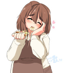 Rule 34 | 1girl, 2015, ^ ^, ahoge, bad id, bad pixiv id, blush, breasts, brown hair, cheese trail, chef, closed eyes, dated, eating, eno konoe, eyebrows, closed eyes, facing viewer, fat, food, food in mouth, foodgasm, hand on own cheek, hand on own face, happy, heart, large breasts, medium breasts, mikomu, original, pizza, short hair, signature, smile, solo, thick eyebrows