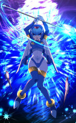 1girl armor blue_armor blue_eyes blue_footwear blue_helmet boots commission covered_navel crop_top fairy_leviathan_(mega_man) forehead_jewel full_body helmet high_heel_boots high_heels highres holding holding_polearm holding_weapon lololotton looking_at_viewer mega_man_(series) mega_man_zero_(series) polearm skeb_commission smile solo spear thigh_boots variant_set weapon