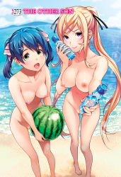 Rule 34 | 2girls, :d, barefoot, beach, blonde hair, blue eyes, blush, bottle, breasts, cleft of venus, cloud, day, female focus, food, fruit, hair ornament, hair ribbon, hairclip, highres, long hair, looking at viewer, multiple girls, nakiri erina, nipples, nude, nude filter, ocean, open mouth, outdoors, pink eyes, pussy, ribbon, saeki shun, shokugeki no souma, short twintails, sky, smile, standing, tadokoro megumi, third-party edit, twintails, uncensored, watermelon, yellow eyes
