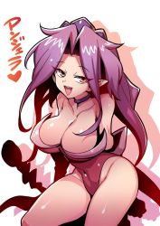 Rule 34 | 1girl, angela (seiken densetsu 3), bare shoulders, breasts, cleavage, covered navel, highres, large breasts, leotard, long hair, looking at viewer, open mouth, pointy ears, purple hair, red leotard, seiken densetsu, seiken densetsu 3, simple background, smile, solo, tukiwani, white background