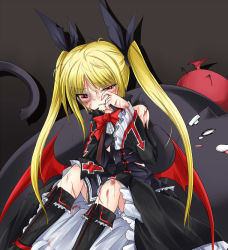 Rule 34 | 1girl, arc system works, bandages, blazblue, bow, dress, frills, gii, hair ribbon, injury, long hair, nago, rachel alucard, red bow, red eyes, ribbon, shimo (depthbomb), solo, tears, torn clothes, twintails