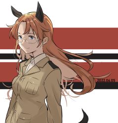 Rule 34 | 1girl, animal ears, blue eyes, breast pocket, brown hair, cowboy shot, dated, dog ears, dog tail, edytha neumann, flag background, from side, glasses, highres, light smile, okeke power nishiko, pocket, shirt, smile, solo, tail, uniform, white background, white shirt, witches of africa, world witches series