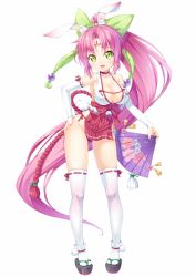 Rule 34 | 1girl, animal ears, bare shoulders, blush, bow, breasts, bridal gauntlets, cleavage, clog sandals, facial mark, folding fan, full body, gloves, green eyes, hair bow, hand fan, hand on own hip, japanese clothes, kazuma (kazumav), large breasts, long hair, looking at viewer, no panties, okobo, original, pink hair, rabbit ears, rabbit tail, ribbon-trimmed gloves, ribbon-trimmed legwear, ribbon trim, sandals, simple background, smile, solo, source request, tabi, tail, thighhighs, very long hair, white background, white thighhighs