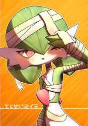 Rule 34 | 1girl, arm at side, artist name, bandaged arm, bandaged head, bandaged neck, bandages, blush, bob cut, chromatic aberration, colored skin, creatures (company), female focus, flat chest, game freak, gardevoir, gen 3 pokemon, glitch, green hair, green skin, hair between eyes, half-closed eye, hand up, heart, heart-shaped pupils, highres, japanese text, multicolored skin, mummy (pokemon), nintendo, one eye closed, open mouth, orange background, outline, pokemon, pokemon (creature), pokemon ability, red eyes, short hair, signature, simple background, solo, standing, symbol-shaped pupils, translated, twitter username, two-tone skin, upper body, white outline, white skin, yuri (fl0werspace)