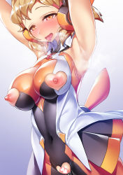 Rule 34 | 1girl, armpits, arms up, bodysuit, breasts, brown hair, censored, clothing cutout, hair ornament, hairclip, headgear, heart cutout, highres, impossible bodysuit, impossible clothes, katourennyu, large breasts, looking at viewer, nipple cutout, nipples, open mouth, orange bodysuit, orange eyes, pussy, pussy cutout, saliva, senki zesshou symphogear, shiny clothes, shiny skin, short hair, skin tight, sleeveless, smile, solo, standing, steaming body, tachibana hibiki (symphogear), tongue, tongue out