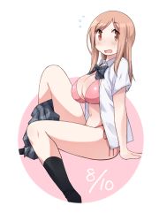 Rule 34 | 1girl, aikawa chiho, arm support, bikini, black skirt, black socks, breasts, brown eyes, brown hair, circle, cleavage, collared shirt, commentary request, dated, flying sweatdrops, katatsuka kouji, large breasts, long hair, looking at viewer, navel, parted bangs, pink bikini, plaid, plaid skirt, pleated skirt, school uniform, shirt, side-tie bikini bottom, sidelocks, simple background, sitting, skirt, skirt around one leg, smile, socks, solo, swimsuit, swimsuit under clothes, thighs, white background, white shirt, yuyushiki