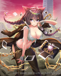 Rule 34 | 1girl, animal ears, antenna hair, bandaged hand, bandages, braid, breasts, brown hair, building, camera, cat ears, chain, cleavage, collarbone, unworn eyewear, highres, holding, holding removed eyewear, large breasts, long hair, looking at viewer, mappaninatta, midriff, navel, official art, photo (object), purple eyes, sky, solo, standing, torn clothes, twin braids, venus rumble