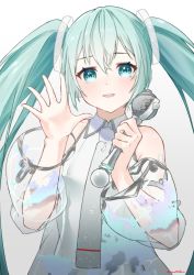 Rule 34 | 1girl, absurdres, aqua eyes, aqua hair, azusa (azunyan12), bare shoulders, blouse, commentary, detached sleeves, dress, gradient background, hair ornament, hand up, hatsune miku, hatsune miku expo, highres, holding, holding microphone, long hair, looking at viewer, map print, microphone, necktie, open mouth, see-through, see-through sleeves, shirt, shoulder tattoo, silver dress, silver neckwear, silver sleeves, sleeveless, sleeveless shirt, smile, solo, tattoo, twintails, upper body, very long hair, vocaloid, waving
