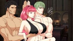Rule 34 | 1girl, 2boys, aphrodite (shuumatsu no valkyrie), aphrodite (shuumatsu no valkyrie) (cosplay), black bra, bra, grabbing another&#039;s breast, breasts, brown hair, byleth (fire emblem), byleth (male) (fire emblem), claude von riegan, closed mouth, collarbone, cosplay, dark-skinned male, dark skin, facial hair, fire emblem, fire emblem: three houses, grabbing, green hair, hair ornament, hat, hilda valentine goneril, huge breasts, indoors, lips, long hair, matching hair/eyes, meme, multiple boys, muscular, muscular male, nintendo, osva1059, parody, pink eyes, pink hair, servants holding aphrodite&#039;s breasts (meme), shuumatsu no valkyrie, twintails, underwear