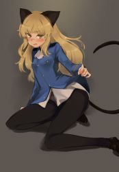 Rule 34 | 1girl, animal ears, ascot, black pantyhose, blonde hair, blush, brown footwear, cat ears, cat tail, fang, glasses, highres, loafers, long sleeves, meji aniki, military, military uniform, panties, panties under pantyhose, pantyhose, perrine h. clostermann, shoes, solo, strike witches, tail, underwear, uniform, world witches series, yellow eyes