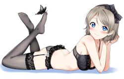 Rule 34 | 1girl, ass, black bra, black panties, black thighhighs, blue eyes, blush, bra, breasts, brown hair, bug, butterfly, cleavage, commentary request, feet, feet up, full body, garter belt, hairband, insect, leg up, legs up, lingerie, looking at viewer, love live!, love live! sunshine!!, lying, medium breasts, on stomach, panties, plantar flexion, sankuro (agoitei), short hair, smile, soles, solo, the pose, thighhighs, toes, underwear, underwear only, watanabe you
