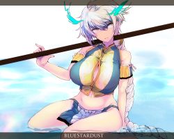 Rule 34 | 10s, 1girl, armband, braid, breasts, brown eyes, bursting breasts, cleavage, highres, huge breasts, kantai collection, kojima (blue stardust), letterboxed, long hair, looking away, midriff, navel, parted lips, partially submerged, polearm, side slit, silver hair, single braid, sitting, skirt, solo, unryuu (kancolle), very long hair, wariza, weapon
