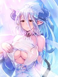 Rule 34 | 1girl, blue hair, bow (bhp), breasts, draph, granblue fantasy, horns, izmir, izmir (summer) (granblue fantasy), large breasts, long hair, mole, mole under mouth, navel, pointy ears, ponytail, red eyes, smile, solo, swimsuit