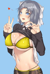 Rule 34 | 10s, 1girl, absurdres, black pantyhose, blue background, blue eyes, blush, bow, breasts, cleavage, grey hair, hair bow, heart, highres, large breasts, long sleeves, looking at viewer, navel, open mouth, pantyhose, pantyhose over swimsuit, senran kagura, short hair, simple background, smile, solo, suika (atelier-yuu), swimsuit, unbuttoned, upper body, v, white bow, yumi (senran kagura)