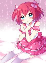 Rule 34 | 10s, 1girl, bare shoulders, blush, bow, closed mouth, dress, frilled dress, frills, green eyes, hair bow, hair ornament, kurosawa ruby, looking at viewer, love live!, love live! sunshine!!, mikurun (otome no hanikami), omoi yo hitotsu ni nare, red hair, scrunchie, sitting, sleeveless, sleeveless dress, solo, thighhighs, two side up, white thighhighs, wrist scrunchie