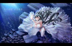 Rule 34 | 1girl, absurdres, azur lane, black hair, breasts, center opening, dress, evening gown, fish, garter straps, hair strand, highres, jewelry, jfzm001, large breasts, letterboxed, official alternate costume, plunging neckline, red eyes, ring, satin dress, see-through, see-through dress, silver footwear, sleeveless, sleeveless dress, taihou (azur lane), taihou (temptation on the sea breeze) (azur lane), thighhighs, underwater, wedding dress, wedding ring, white dress, white garter straps, white thighhighs