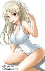 Rule 34 | 1girl, absurdres, alternate costume, blush, breasts, brown eyes, cleavage, collarbone, competition school swimsuit, conte di cavour (kancolle), covered navel, dated, grey hair, highres, hiqu, kantai collection, large breasts, long hair, looking at viewer, one-piece swimsuit, open mouth, school swimsuit, simple background, sitting, smile, solo, swimsuit, twitter username, two side up, white background, white one-piece swimsuit