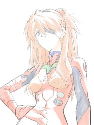 Rule 34 | 1girl, blue eyes, bodysuit, breasts, closed mouth, commentary request, eyepatch, gloves, hair ornament, highres, hyakuen raitaa, long hair, looking at viewer, neon genesis evangelion, orange hair, pilot suit, plugsuit, rebuild of evangelion, red bodysuit, simple background, solo, souryuu asuka langley, twintails, white background